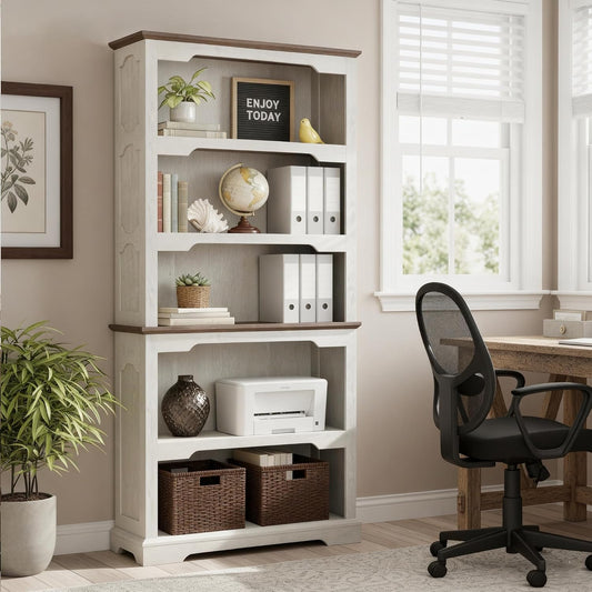 70 Inches Farmhouse Bookcase Bookshelf, Two-Tone Shelves, 5 Tier Bookshelf with Arched Trim, Home Office Living Room Storage Cabinet Unit, 31.5X11.8 Inches (Distressed White & Walnut, Open Shelf)