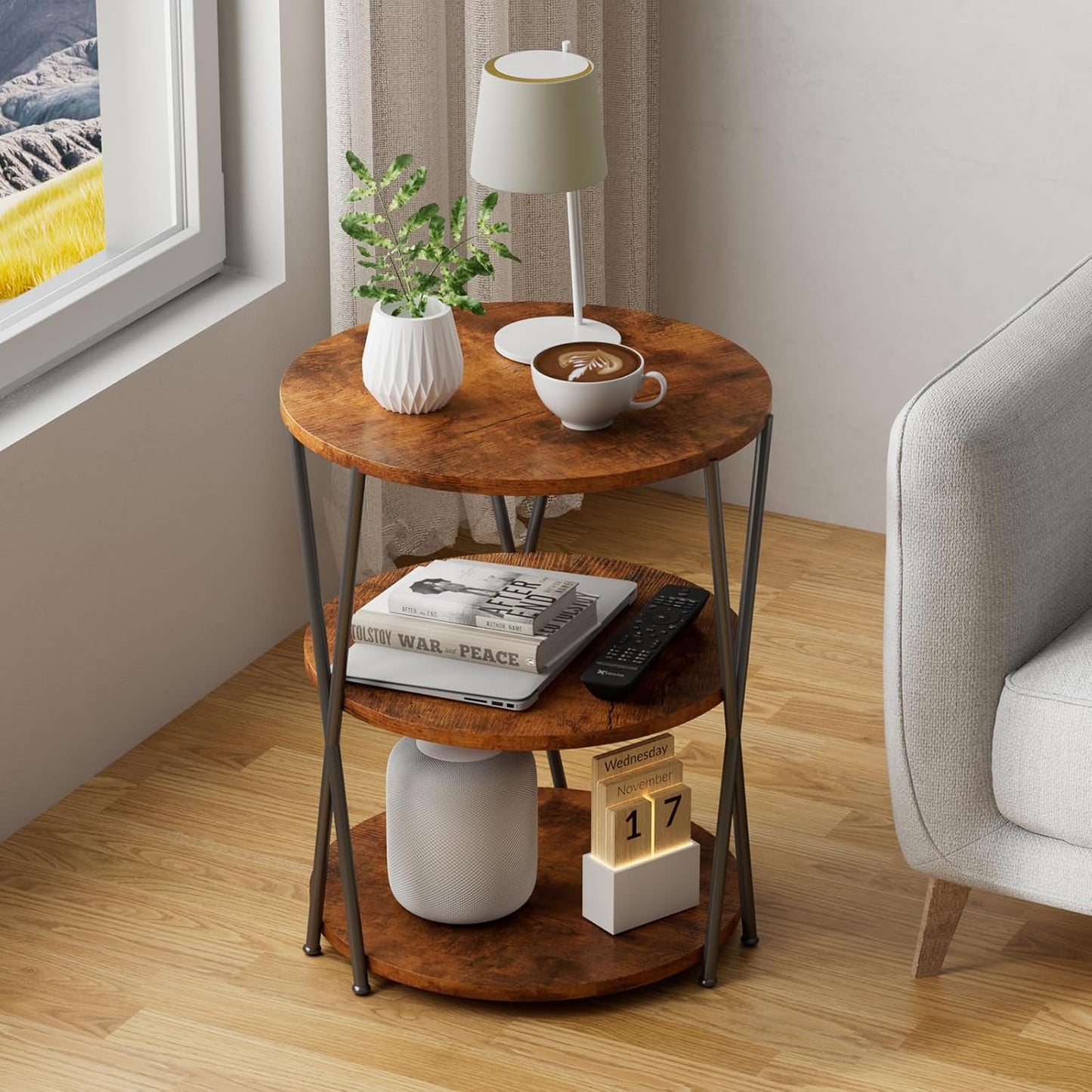 Big Side Table, 3-Tier Large Size round End Table with X-Leg Design, Nightstand Bedside Table for Living Room, Bedroom, Drink Table Coffee Table for Patio, Indoor Outdoor Use, 16.5''X16.5''X22.8''