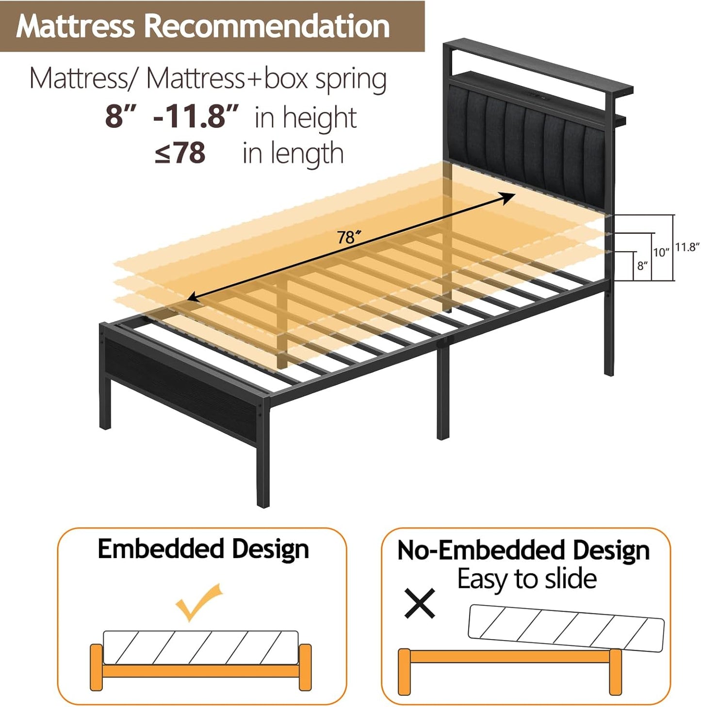 Twin Size Bed Frame with Charging Station and LED Lights, Platform Bed with Metal Slats, Grey Upholstered Headboard with 2-Tier Storage Shelves, No Box Spring Needed