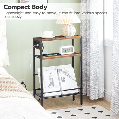 Small Narrow Side Table with Charging Station, Skinny End Table for Small Spaces, Slim Nightstand with USB Ports Outlet, Sofa beside Table with Storage Shelf, Rustic Brown and Black BF102UBZ01
