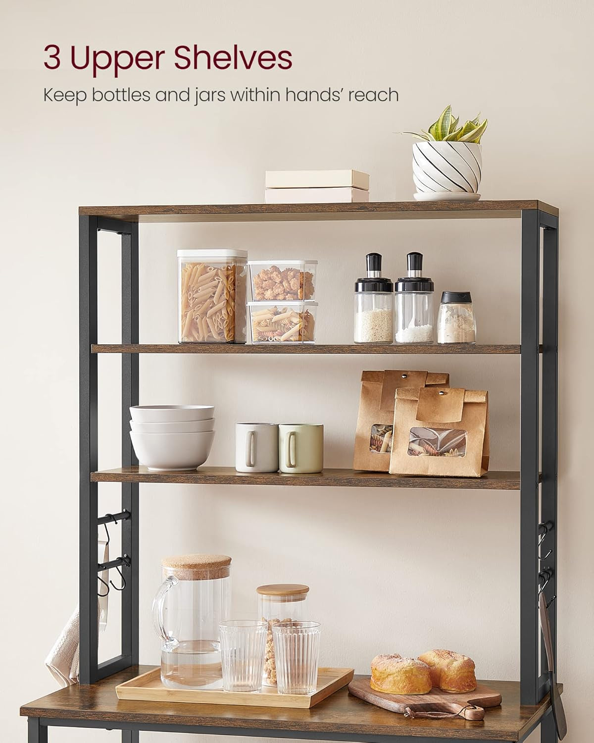 Coffee Bar, 31.5 Inches Baker'S Rack for Kitchen with Storage, 6-Tier Kitchen Shelves with 6 Hooks, Microwave Stand, Industrial, Rustic Brown and Ink Black UKKS019B01