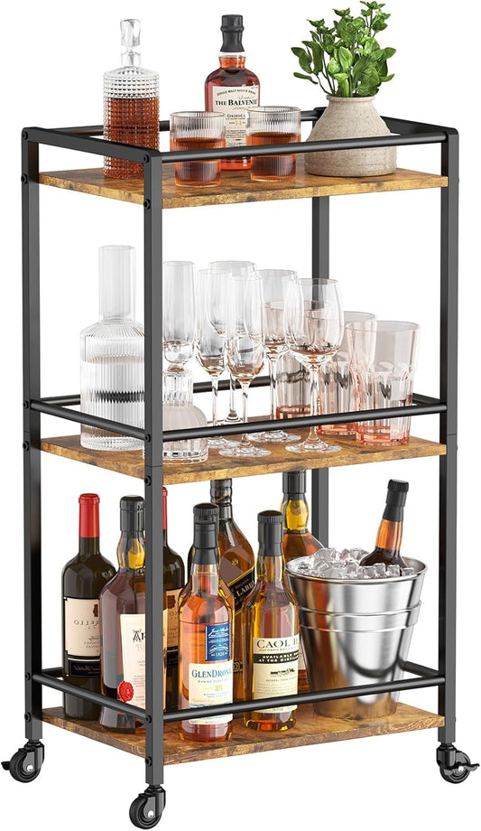 Bar Cart for the Home, 3 Tier Small Rolling Wine Cart, Drink Serving Cart with Lockable Wheels, Mini Liquor Utility Cart for Kitchen Dining Living Room, 17" X 11.8" X 32.1", Rustic Brown