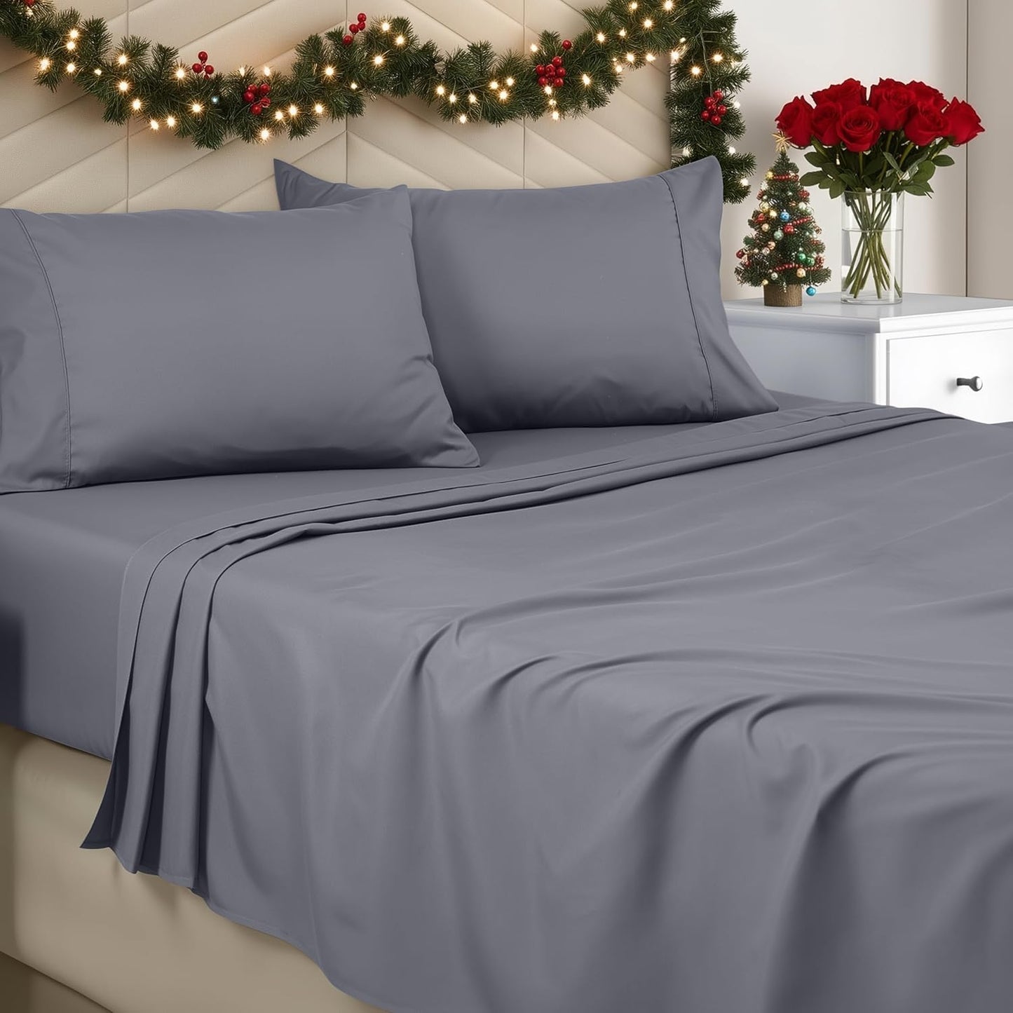 Queen Sheet Set – Brushed Microfiber – Ultra Soft Bed Sheets for Queen Size Bed Set – Deep Pocket, Wrinkle & Fade Resistant – Includes 1 Fitted, 1 Flat, 2 Pillowcases (Grey)