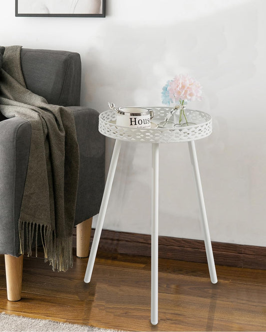 Side Table for Living Room: Small round End Table for Women - White