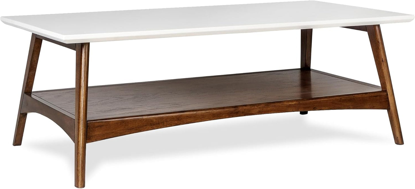 Rectangular Wood Coffee Table with Solid Wood Frame & Legs, Living Room Coffee Tables with Storage Shelf, Accent Furniture for Living Room, Minimalist Decor - Off-White / Pecan Parker