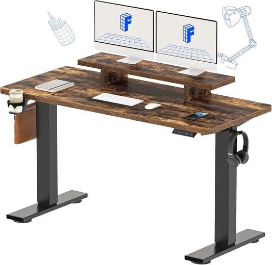Standing Desk with Monitor Stand, 55 X 24 Inches One-Piece Electric Height Adjustable Computer Desk with Cup Holder, Home Office Desks (Black Frame+ Rustic Top)
