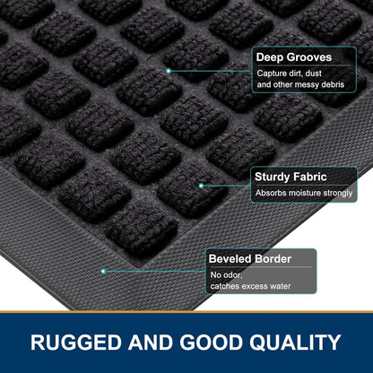 Front Door Mat outside Entrance, Heavy Duty Natural Rubber Doormat, Non Slip, Trap Dirt and Moisture, Easy Clean, Low Profile Welcome Floor Mats for Indoor Outdoor Entry, 29.5X17 Inch, Black