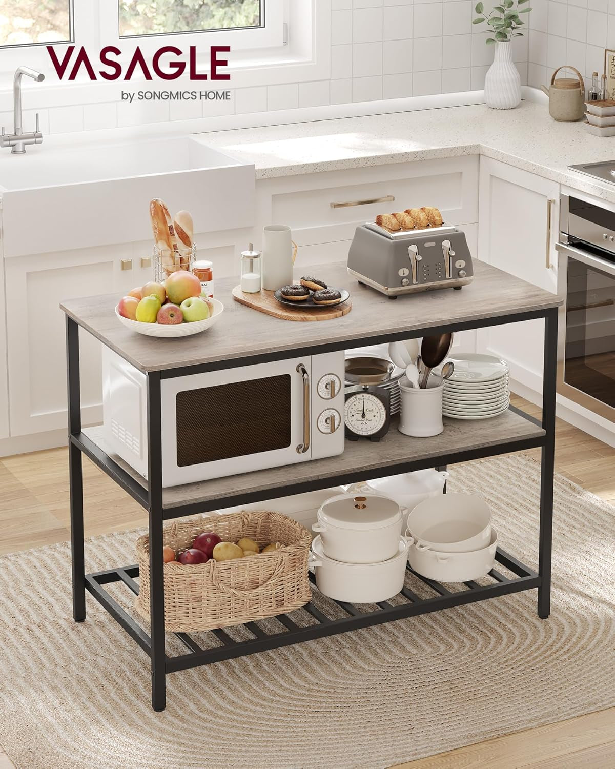Kitchen Island with 3 Shelves, 39.4 Inches Width Kitchen Shelf with Large Worktop, Stable Steel Structure, Industrial, Easy to Assemble, Ebonised Oak and Black UKKI005B42