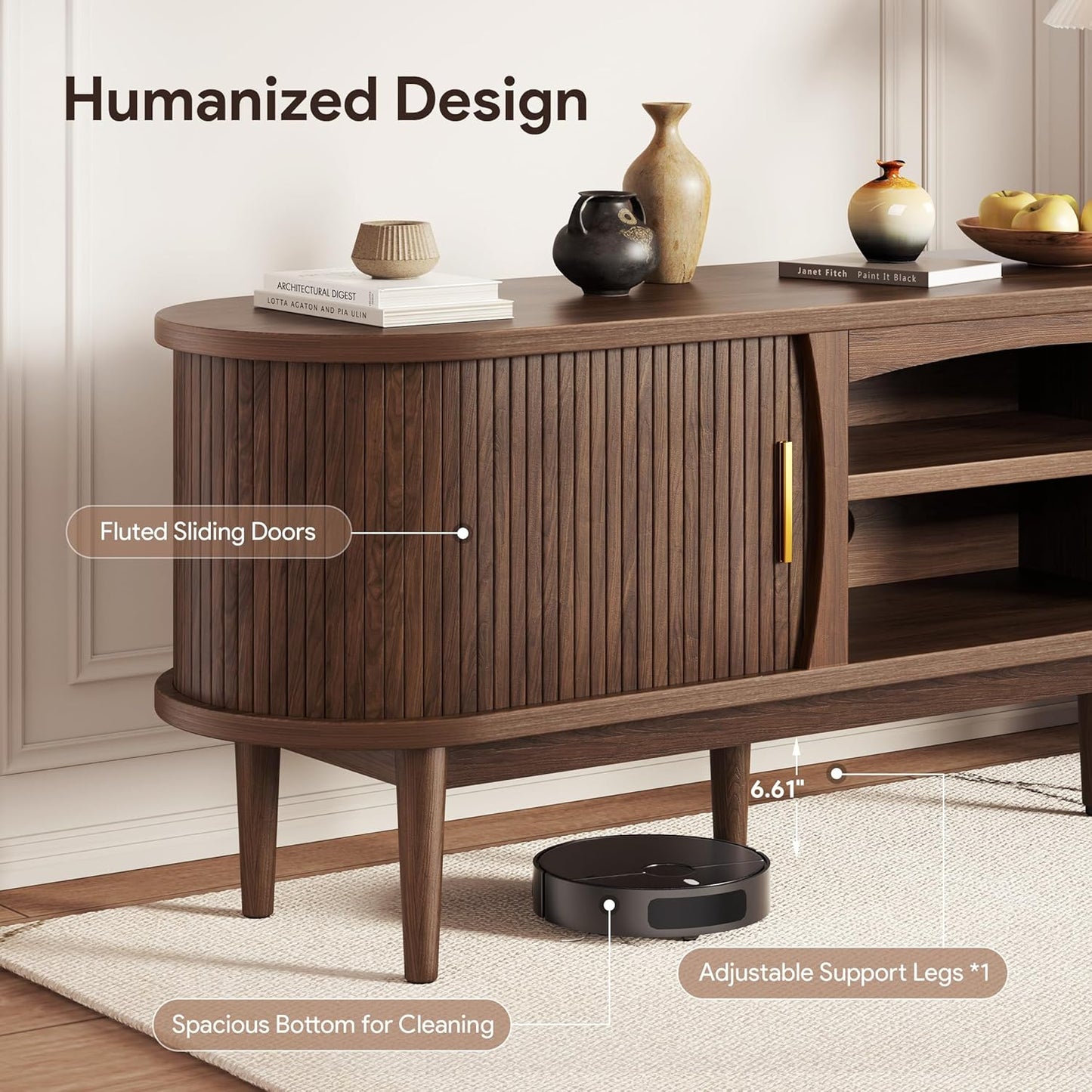 Mid Century TV Stand for Tvs up to 80 Inches, Entertainment Center with Storage, Power Outlet, Fluted Sliding Doors & Adjustable Shelves, Modern Media TV Console Table for Living Room (Walnut)