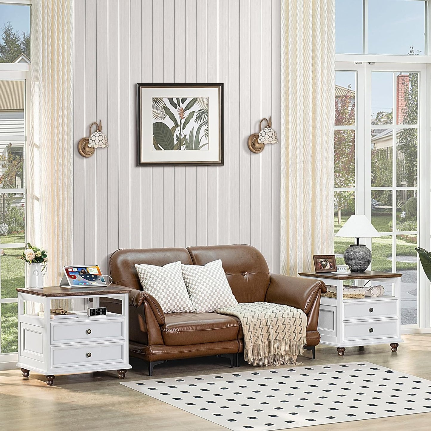 Farmhouse Nightstand Set of 2 with Charging Station, 24" Wide End Table with 2 Drawers,Dresser for Bedroom,Bed Side Table Chest of Drawers Cabinet,Wood White Night Stand for Living Room