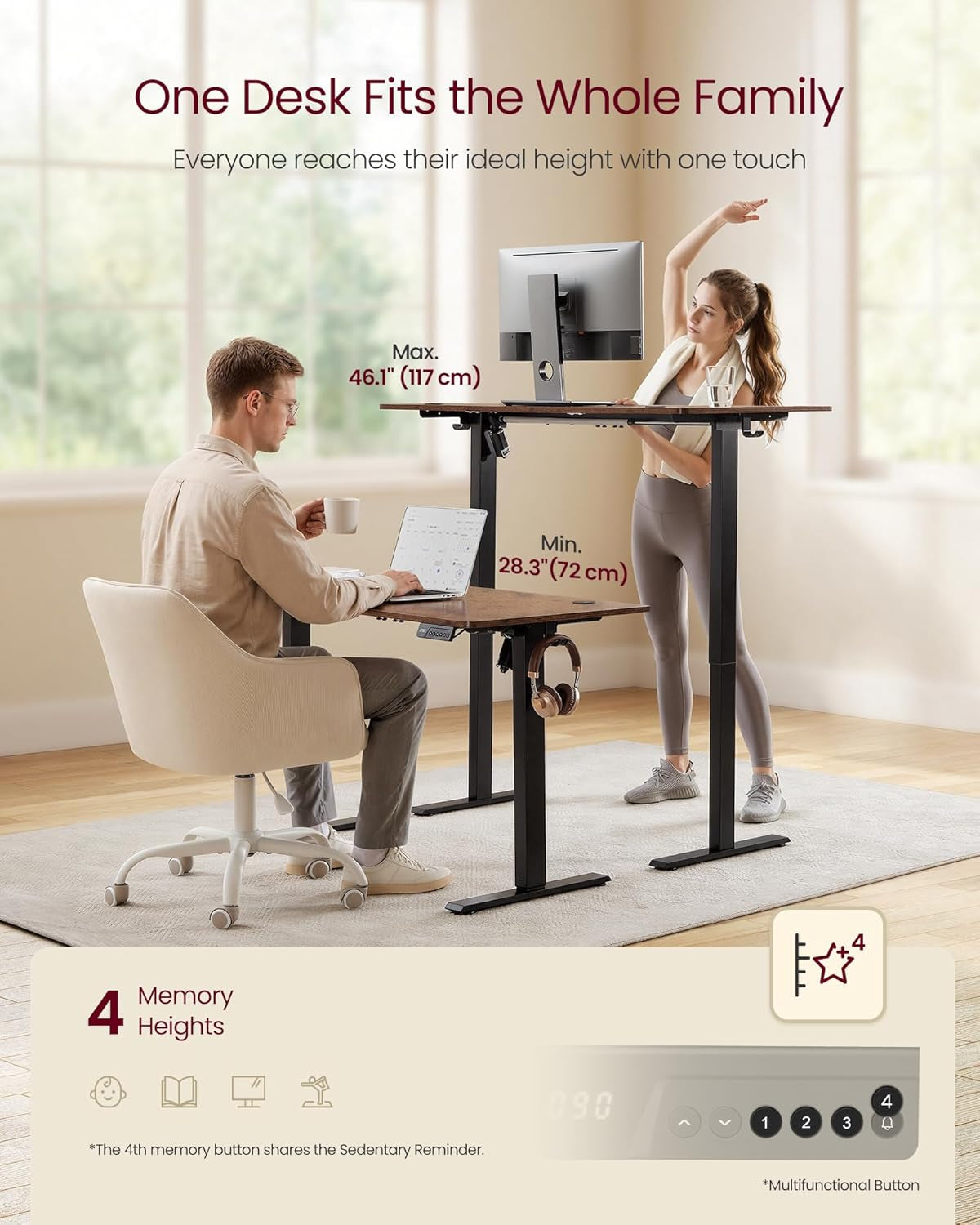 Electric Standing Desk, Height Adjustable Desk, Sedentary Reminder, 4 Memory Heights, for Home Office, 47.2 X 23.6 Inches, Rustic Brown ULSD312KD020S