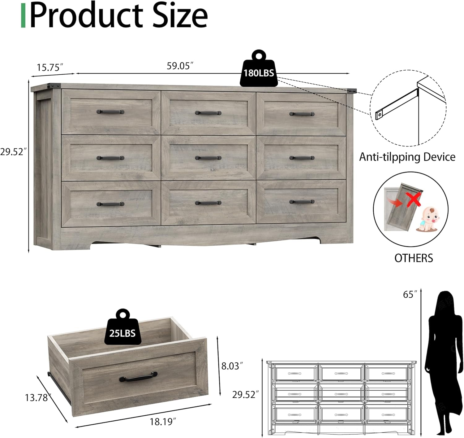 Dresser for Bedroom with 9 Drawers, 59" Wide Wood Chest of Drawers with Deep Drawers & Mental Handle, Modern Dresser TV Stand, Wooden Closet Storage Organizer for Living Room, Hallway, Entryway, Grey