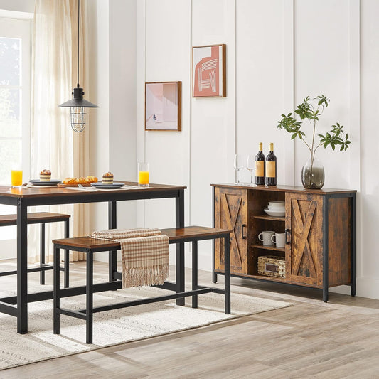 Dining Bench, Pair of 2, Industrial Style, Steel Frame, for Kitchen, Living Room, 12.8 X 42.5 X 19.7 Inches, Rustic Brown + Black，Uktb33X