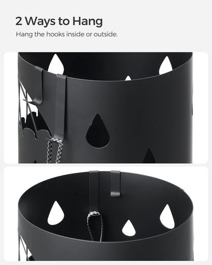 Umbrella Stand, Metal Umbrella Holder for Entryway, with Water Tray and 4 Hooks, 6.7 X 6.7 X 16.1 Inches, Round, Ink Black ULUC024B01