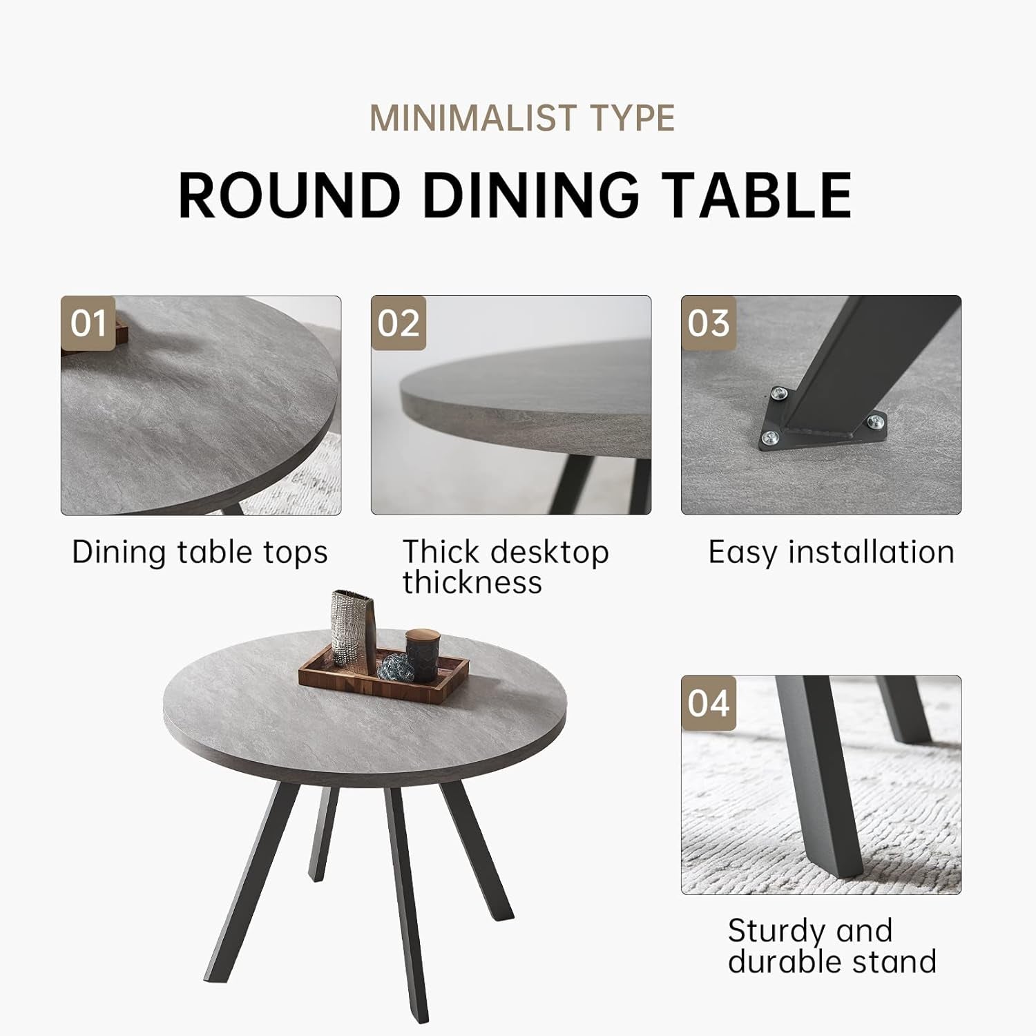 34.6'' round Dining Table and Chairs for 4, Mid Century Modern round Table Set, Space Saving for Apartment Kitchen Dining Room (Grey Table+4 Black Chairs)