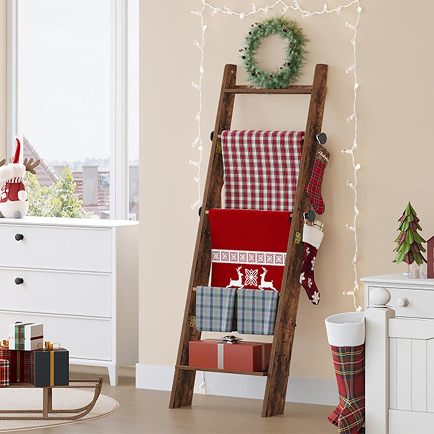 Blanket Ladder for Living Room, Decorative Quilt Rack with 4 Removable Hooks, 5-Tier Blanket Ladder Shelf for Bedroom,Rustic Brown BR30501X