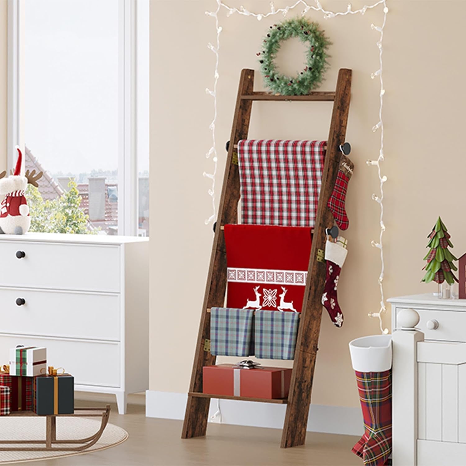 Blanket Ladder for Living Room, Decorative Quilt Rack with 4 Removable Hooks, 5-Tier Blanket Ladder Shelf for Bedroom,Rustic Brown BR30501X