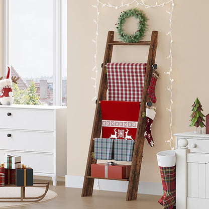 Blanket Ladder for Living Room, Decorative Quilt Rack with 4 Removable Hooks, 5-Tier Blanket Ladder Shelf for Bedroom,Rustic Brown BR30501X