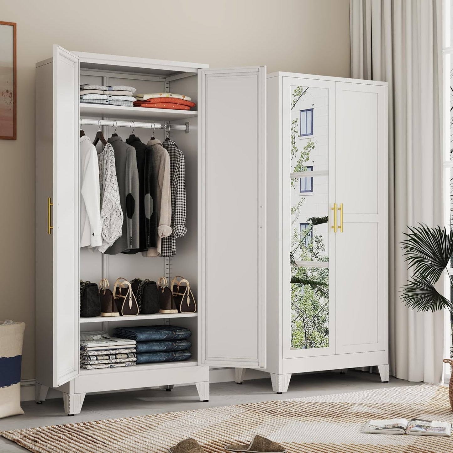 71" H Metal Armoire Wardrobe Closet with Mirror, Adjustable Shelve, Clothes Drying Pole, Steel Wardrobe Cabinet for Bedroom (White)