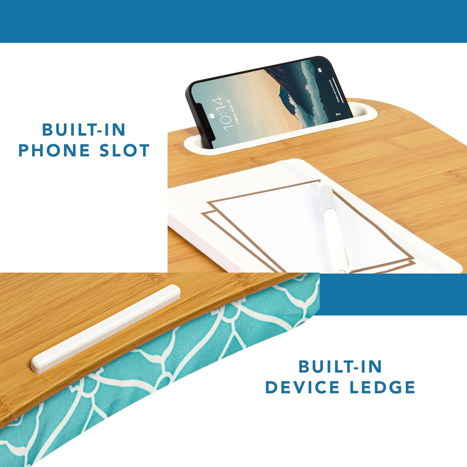 Designer Lap Desk with Phone Holder and Device Ledge - Aqua Trellis - Fits up to 15.6 Inch Laptops - Style No. 45422