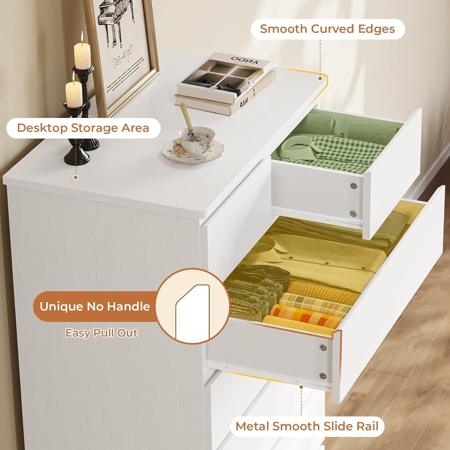 White Tall Dresser for Bedroom with 8 Drawers, 59.6" Tall Dressers & Chests of Drawers, Modern Wood Closet Organizer and Storage Cabinet, Large Vertical Dresser for Bedroom, Closet, Hallway