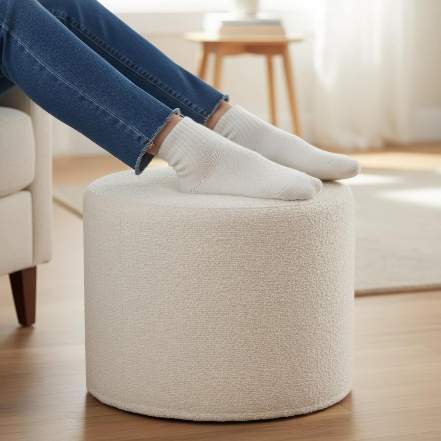 Beautiful Boucle Pouf Ottoman and Foot Rest - Elevate Your Living Room Decor with Lightweight Comfort and Charm - a round Modern Foam Filled Foot Stool Perfect to Rest Your Feet