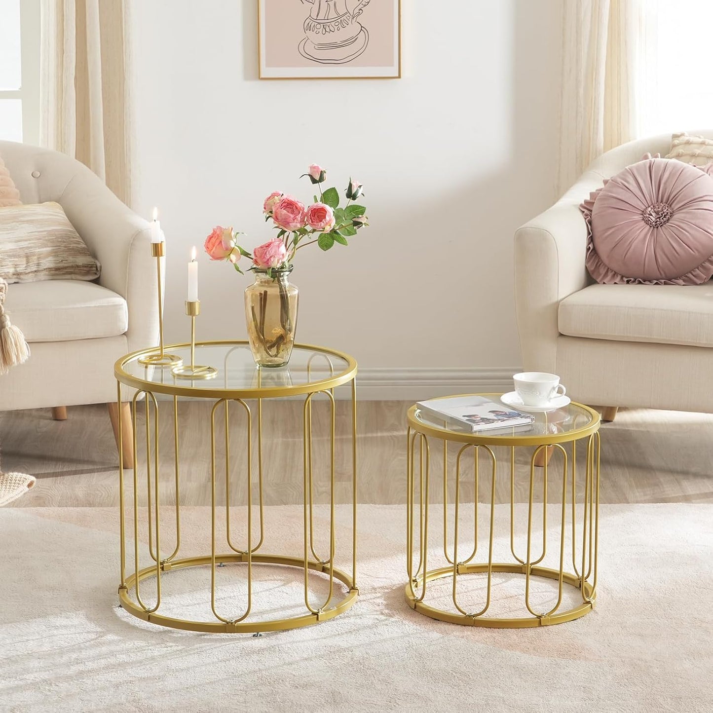 Small Coffee Table Set of 2, Gold Accent End Tables with Metal Frame, round Coffee Side Table with Tempered Glass Tabletop, for Living Room, Bedroom, Gold GD113BZ01