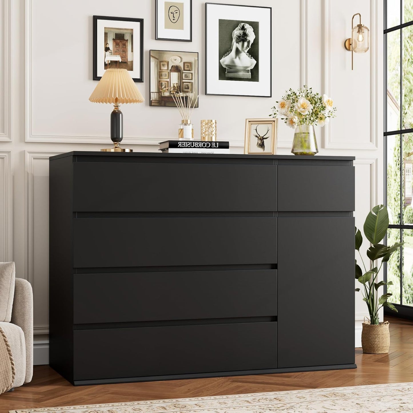 5 Drawer Dresser, Black Dresser for TV Stand, Double Wide Storage Chest of Drawers with Door, Deep Drawers and Wide Storage Space