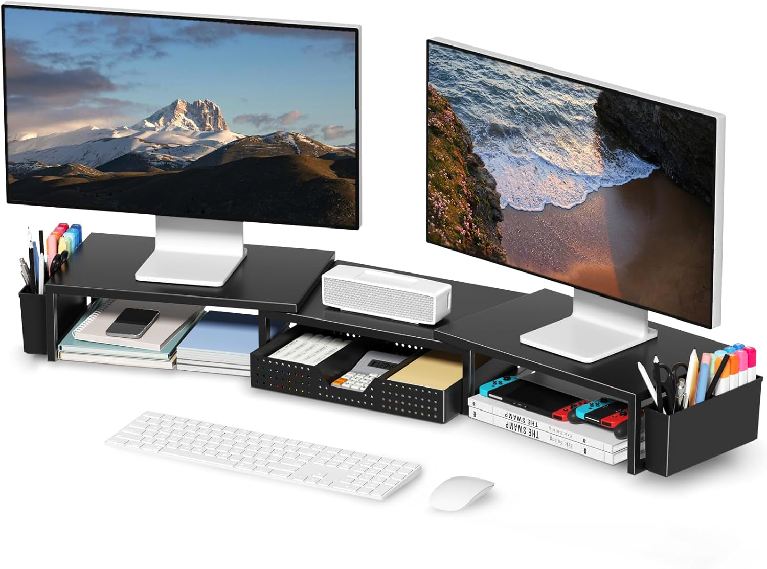 Desk Organizers and Accessories, Dual Monitor Stand Riser with Drawer and 2 Pen Holders, Desk Shelf Metal Computer Racks for Office Workspace Organizers, Desktop Organization (Black)