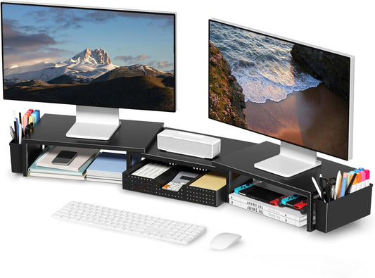 Desk Organizers and Accessories, Dual Monitor Stand Riser with Drawer and 2 Pen Holders, Desk Shelf Metal Computer Racks for Office Workspace Organizers, Desktop Organization (Black)