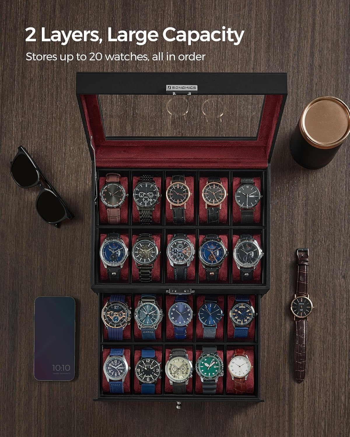 Watch Box, 20-Slot Watch Case Organizer with Large Glass Lid, Removable Pillows, Metal Lock, Gift for Loved Ones, Black Synthetic Leather, Wine Red Lining UJWB020R01