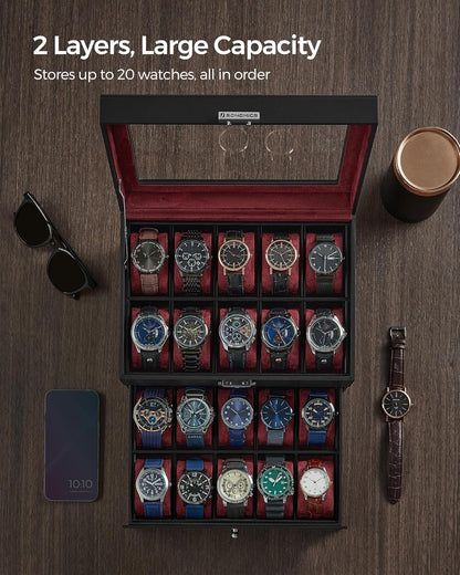 Watch Box, 20-Slot Watch Case Organizer with Large Glass Lid, Removable Pillows, Metal Lock, Gift for Loved Ones, Black Synthetic Leather, Wine Red Lining UJWB020R01