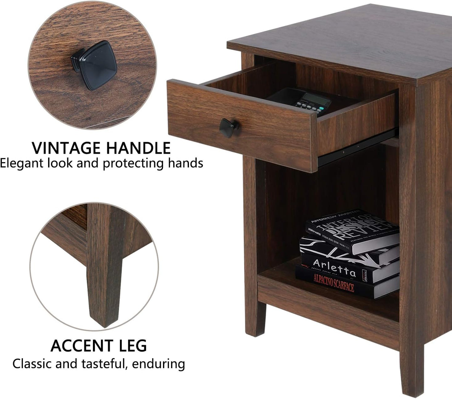 Bedroom Nightstands - Set of 2 Wooden Night Stands with Drawer for Home Bedside End Table Large Storage Furniture, Brown Wood Grain 18.11 in X 15.75 in X 23.62 In
