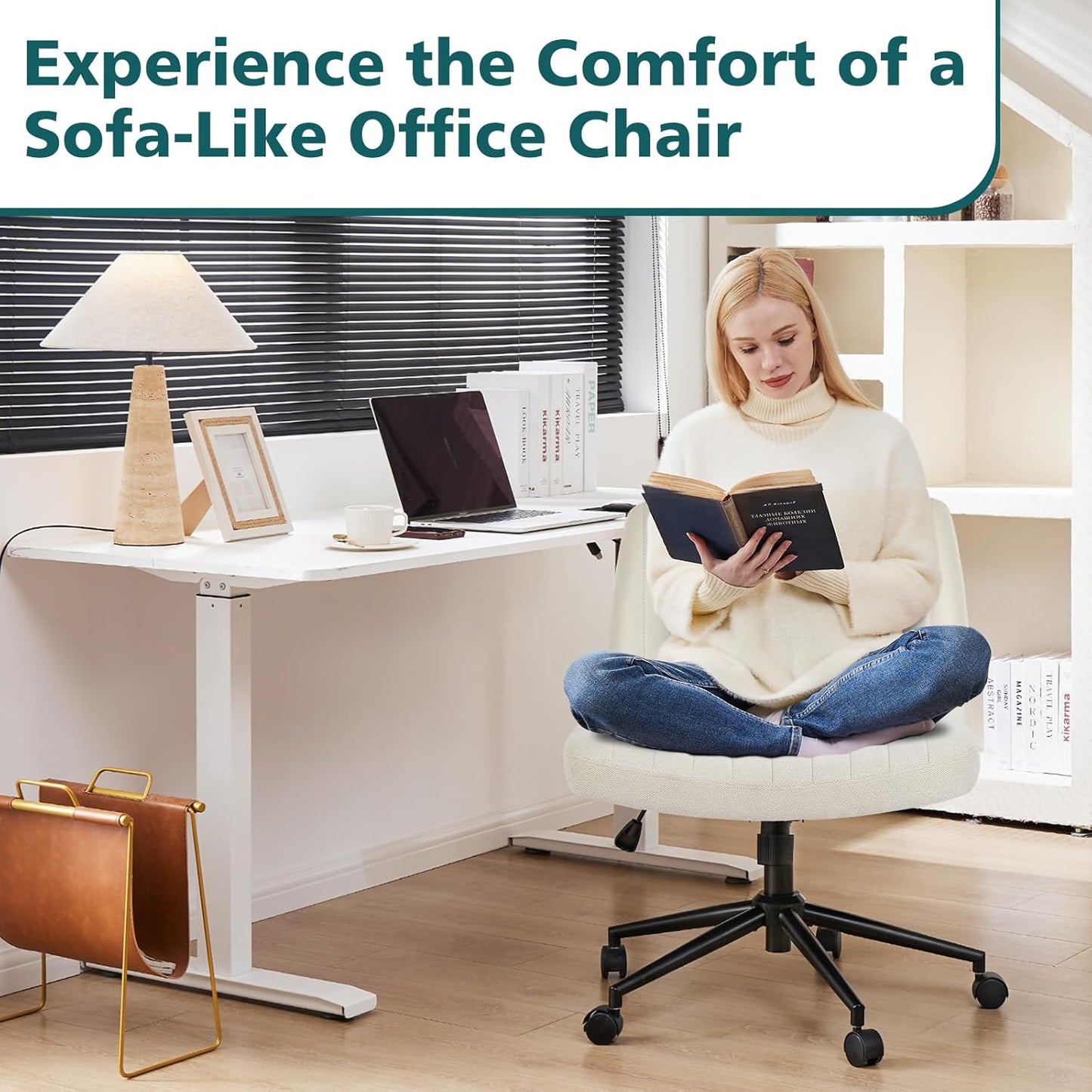 Criss Cross Chair with Wheels Wide Cross Legged Office Desk Vanity Chair Comfy Fabric Armless Adjustable Swivel for Home Computer Task Fabric Beige