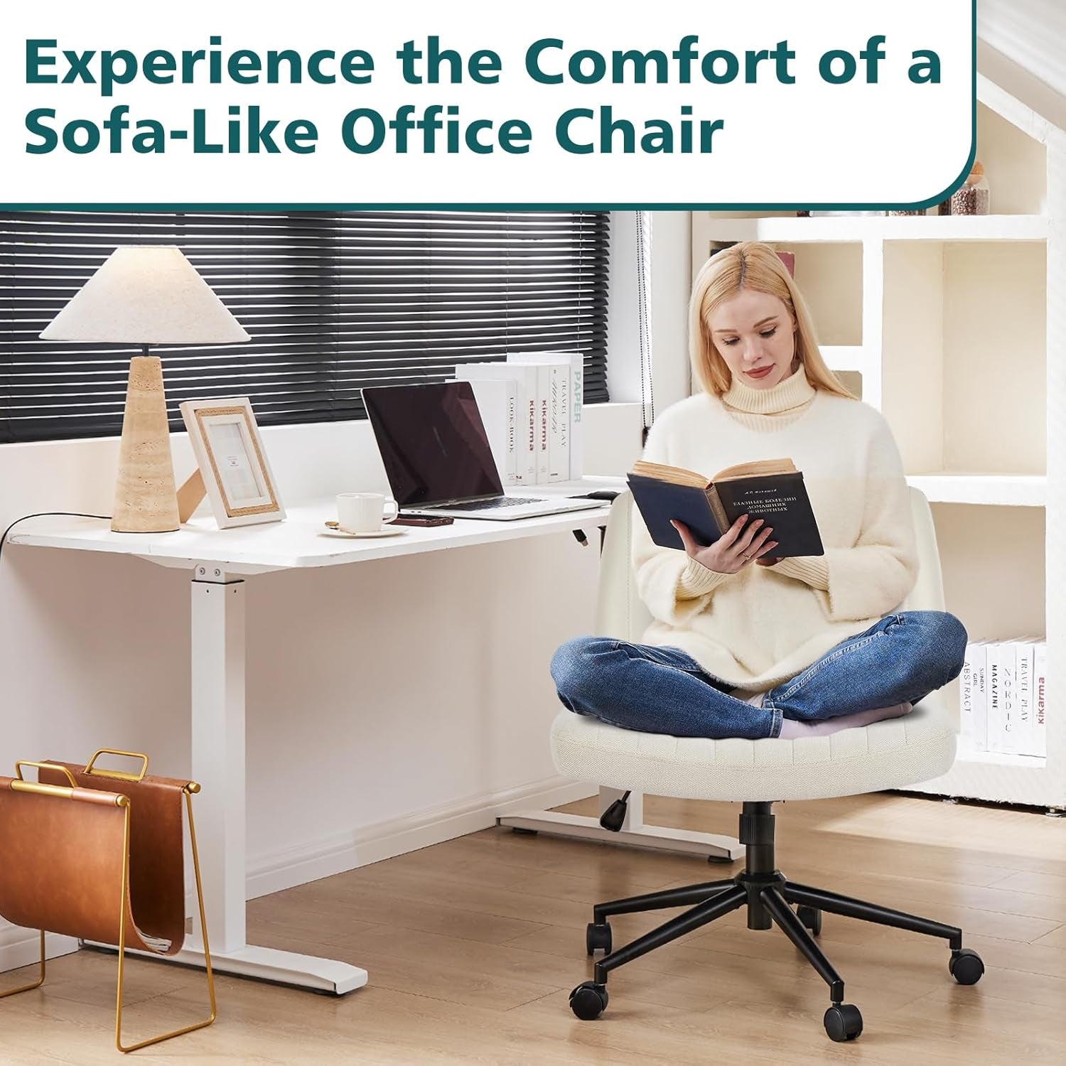 Criss Cross Chair with Wheels Wide Cross Legged Office Desk Vanity Chair Comfy Fabric Armless Adjustable Swivel for Home Computer Task Fabric Beige