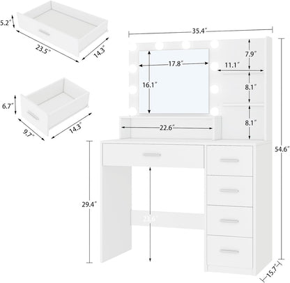Vanity Desk with Mirror and Lights, Makeup Vanity with 5 Drawers and 3 Storage Shelves, 3 Color Modes & Adjustable Brightness Dressing Table, Vanity Desk for Bedroom, White