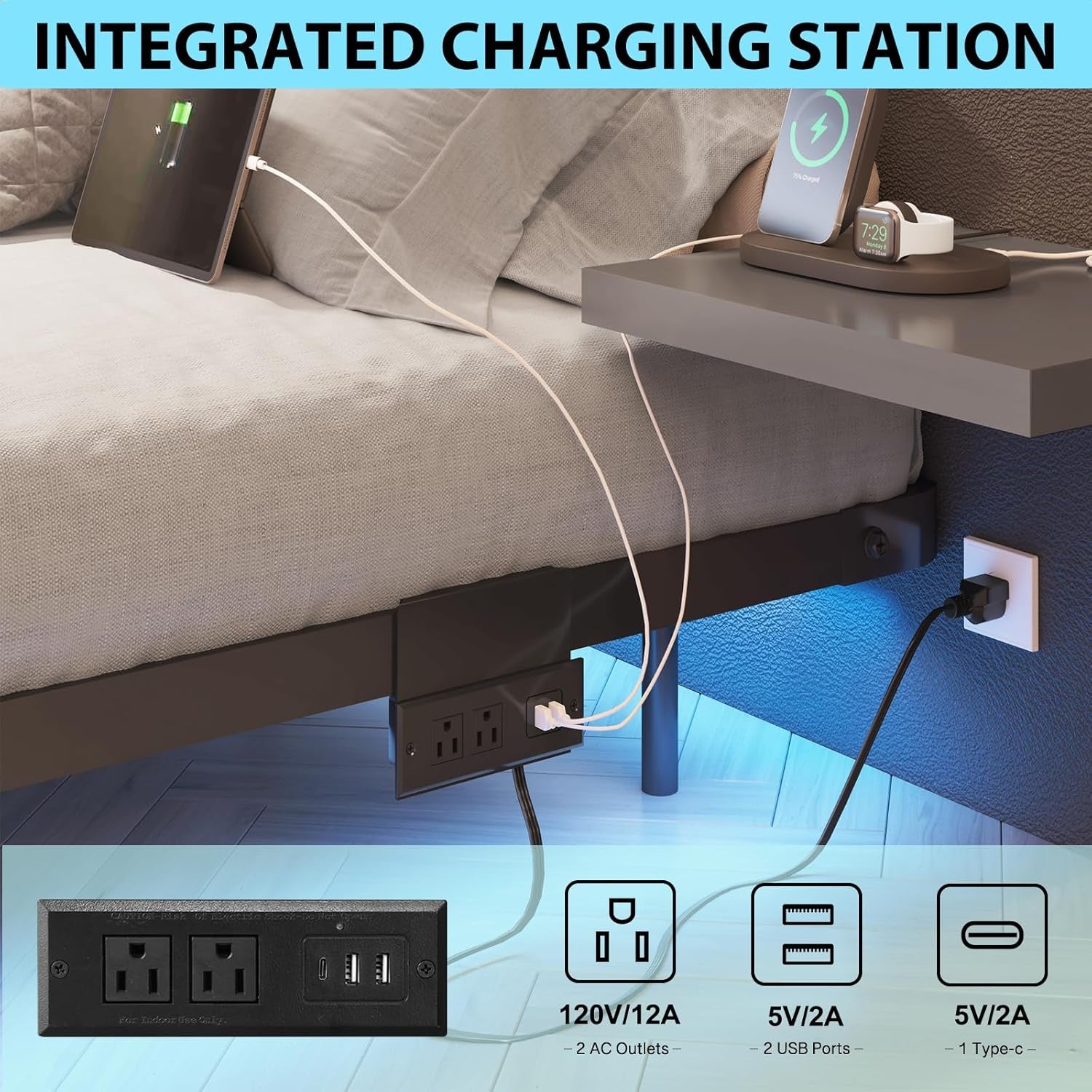 Full Size Floating Bed Frame with Charging Station, Modern Metal Platform Bed Frame with LED Light, Easy Assembly, Black