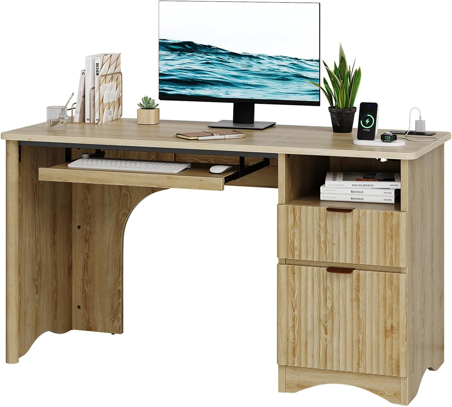 Computer Desk with Drawer, 55 Inch Office Desk with Power Outlet, Modern Home Office Desk with Keyboard Tray (Natual Oak, 55" W with Single-Sided Drawers)