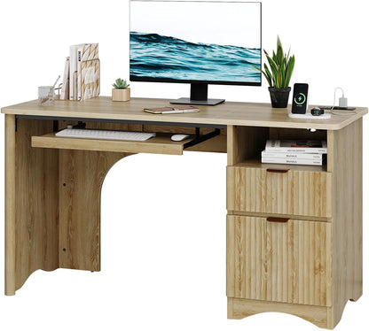 Computer Desk with Drawer, 55 Inch Office Desk with Power Outlet, Modern Home Office Desk with Keyboard Tray (Natual Oak, 55" W with Single-Sided Drawers)