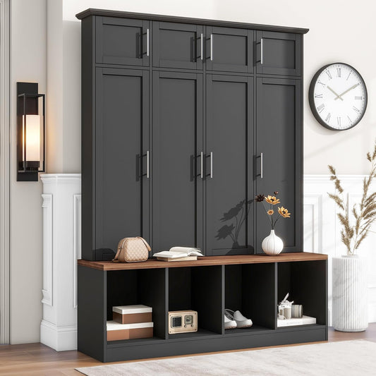 Hall Tree with Bench and Shoe Storage Compartments, Particle Board Multi-Functional Entryway Cabinet with 4 Hanging Hooks, Black