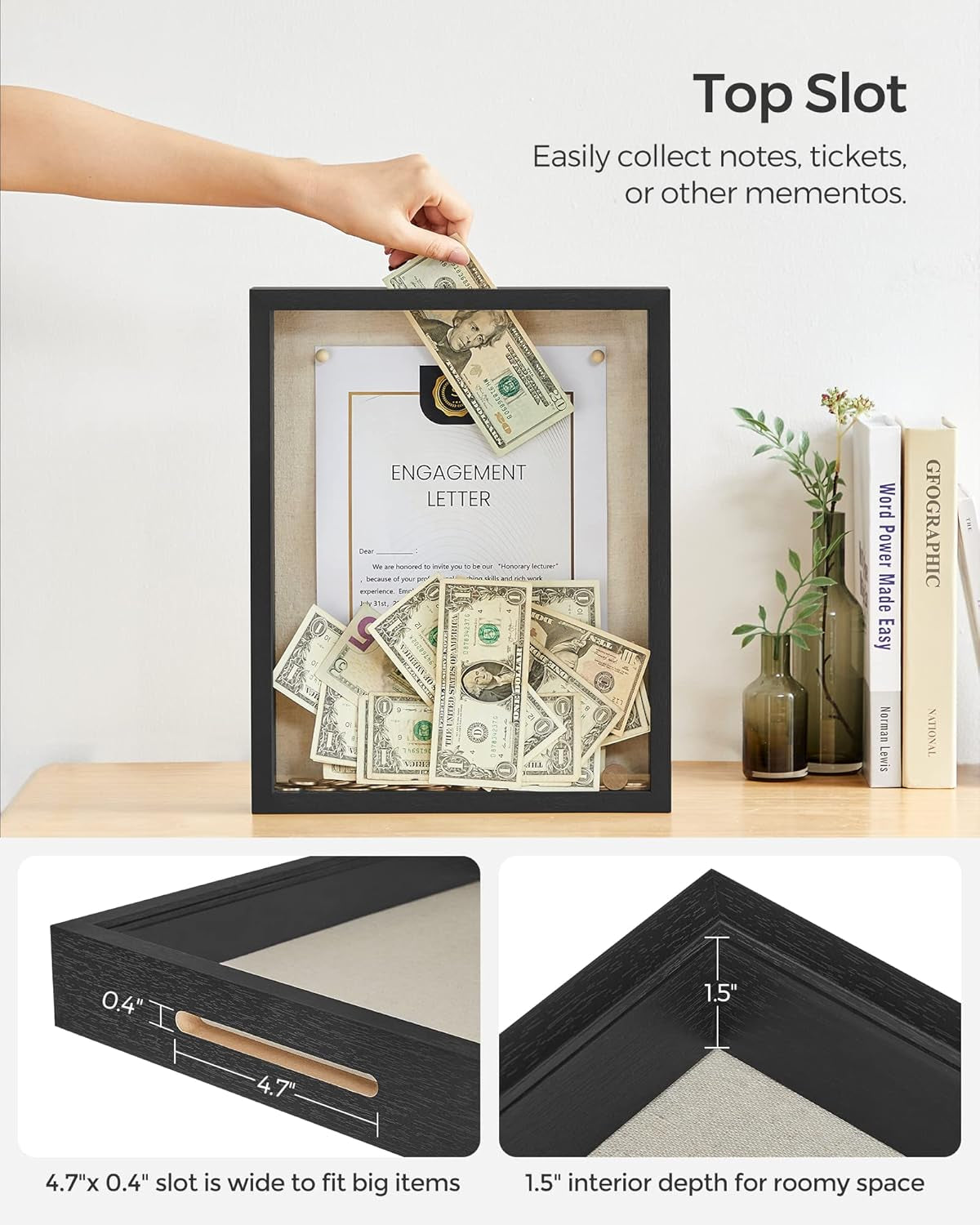 11X14 Shadow Box Frame, Deep Box Frame with Top Slot and Push Pins, Wood Picture Display Case for Savings, Linen Fabric Backing for DIY Craft, Glass Front, Black, Gift URPF009B01