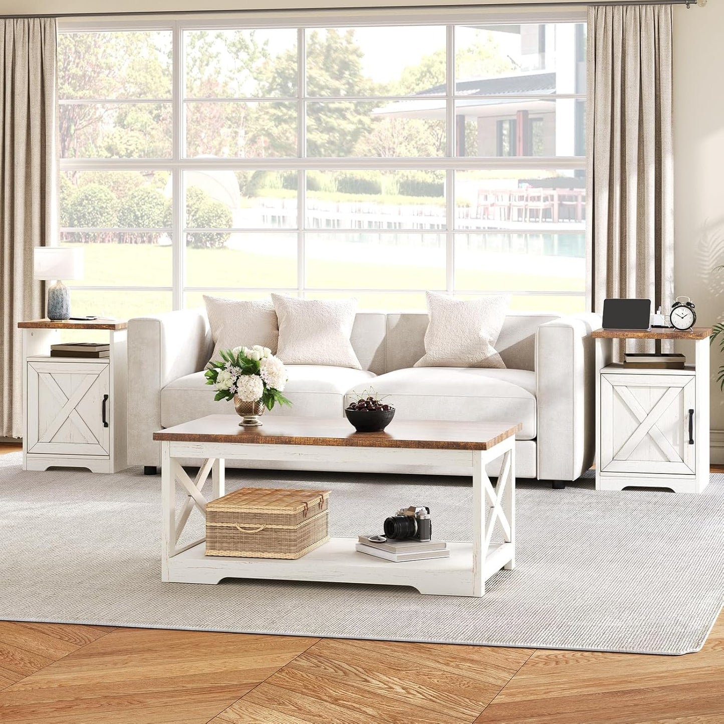 3-Piece Farmhouse Living Room Table Set with Coffee Table & 2 End Tables, Charging Station & USB Ports, Distressed White