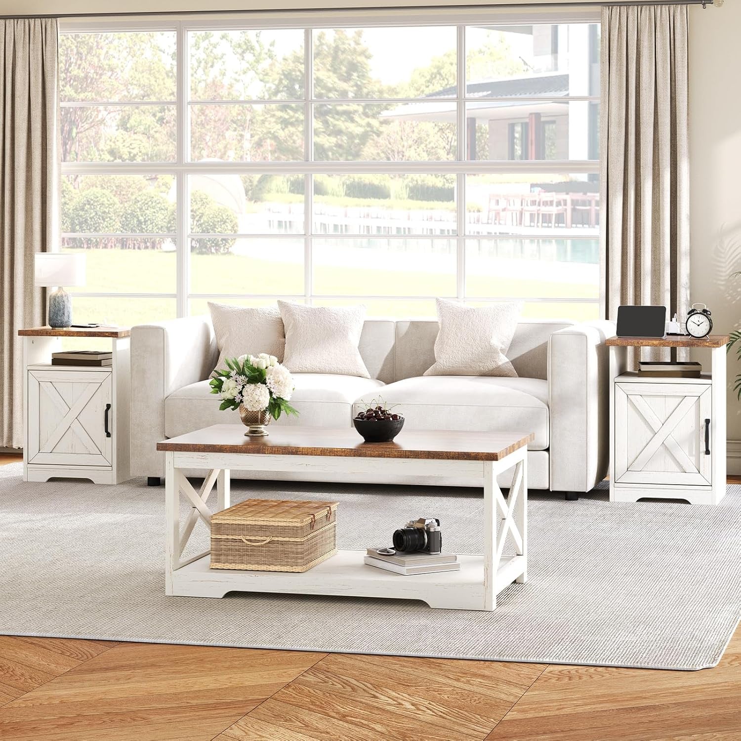 3-Piece Farmhouse Living Room Table Set with Coffee Table & 2 End Tables, Charging Station & USB Ports, Distressed White