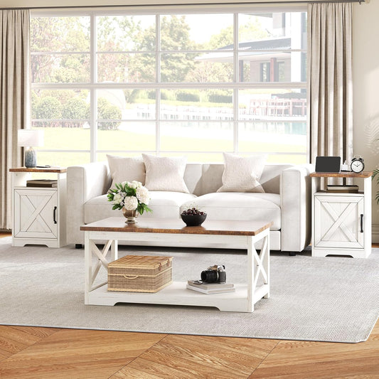 3-Piece Farmhouse Living Room Table Set with Coffee Table & 2 End Tables, Charging Station & USB Ports, Distressed White