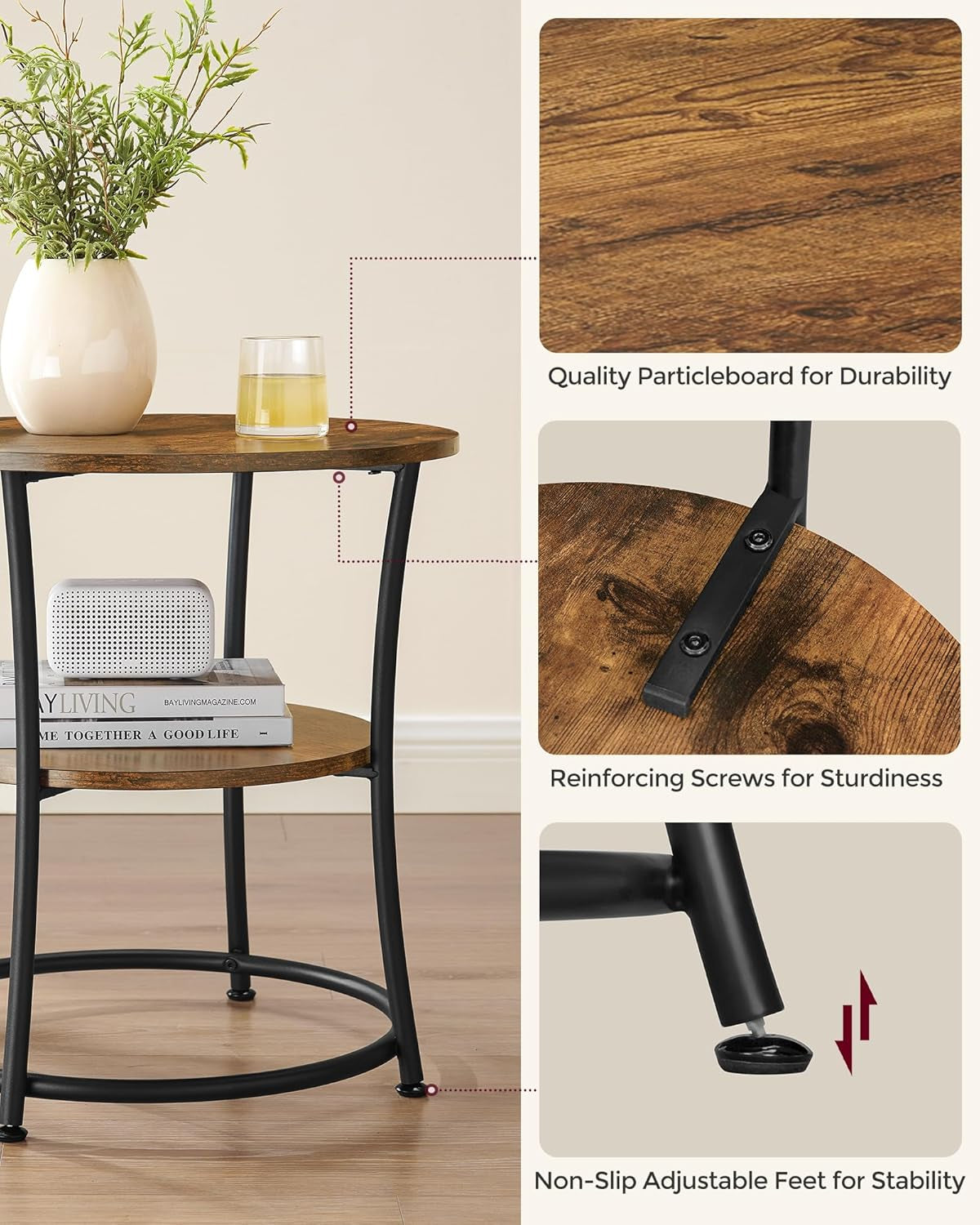 Side Table, 2-Tier round End Table, Nightstand with Steel Frame for Small Spaces, Living Room, Bedroom, Rustic Brown and Ink Black