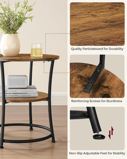 Side Table, 2-Tier round End Table, Nightstand with Steel Frame for Small Spaces, Living Room, Bedroom, Rustic Brown and Ink Black