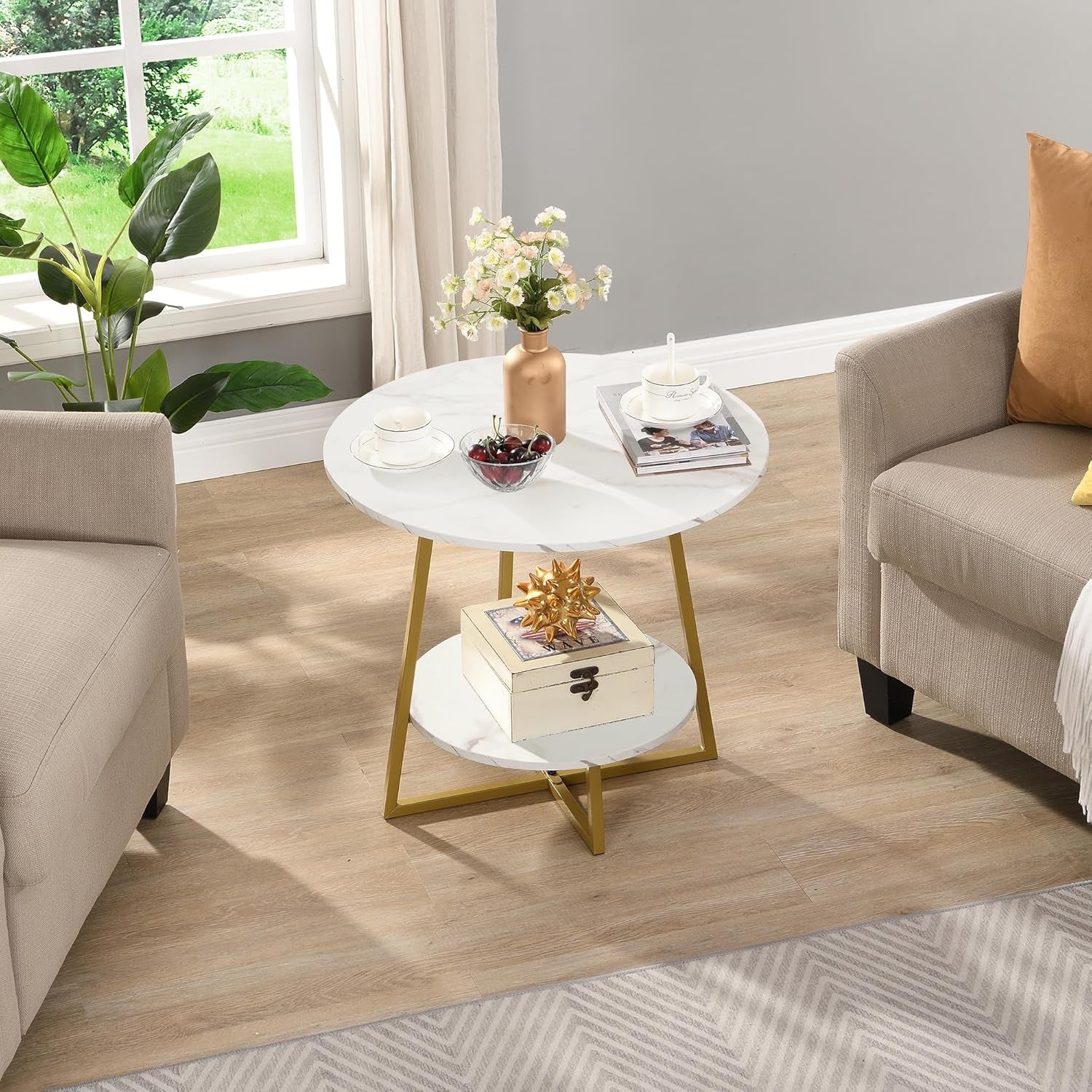 20" Living Room Side Table for Small Spaces, 2 Tier Wood Top round End Tables with Storage Shelf, Accent Sofa Table for Bedroom, Office, Sunroom, Balcony, White Faux Marble/Gold