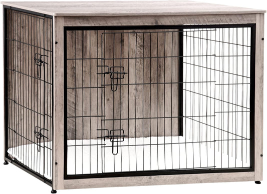 Dog Crate Furniture with Cushion, Wooden Kennel Table with Double Doors, Indoor Dog House, Extra Large Size, 43.3" L, Greige