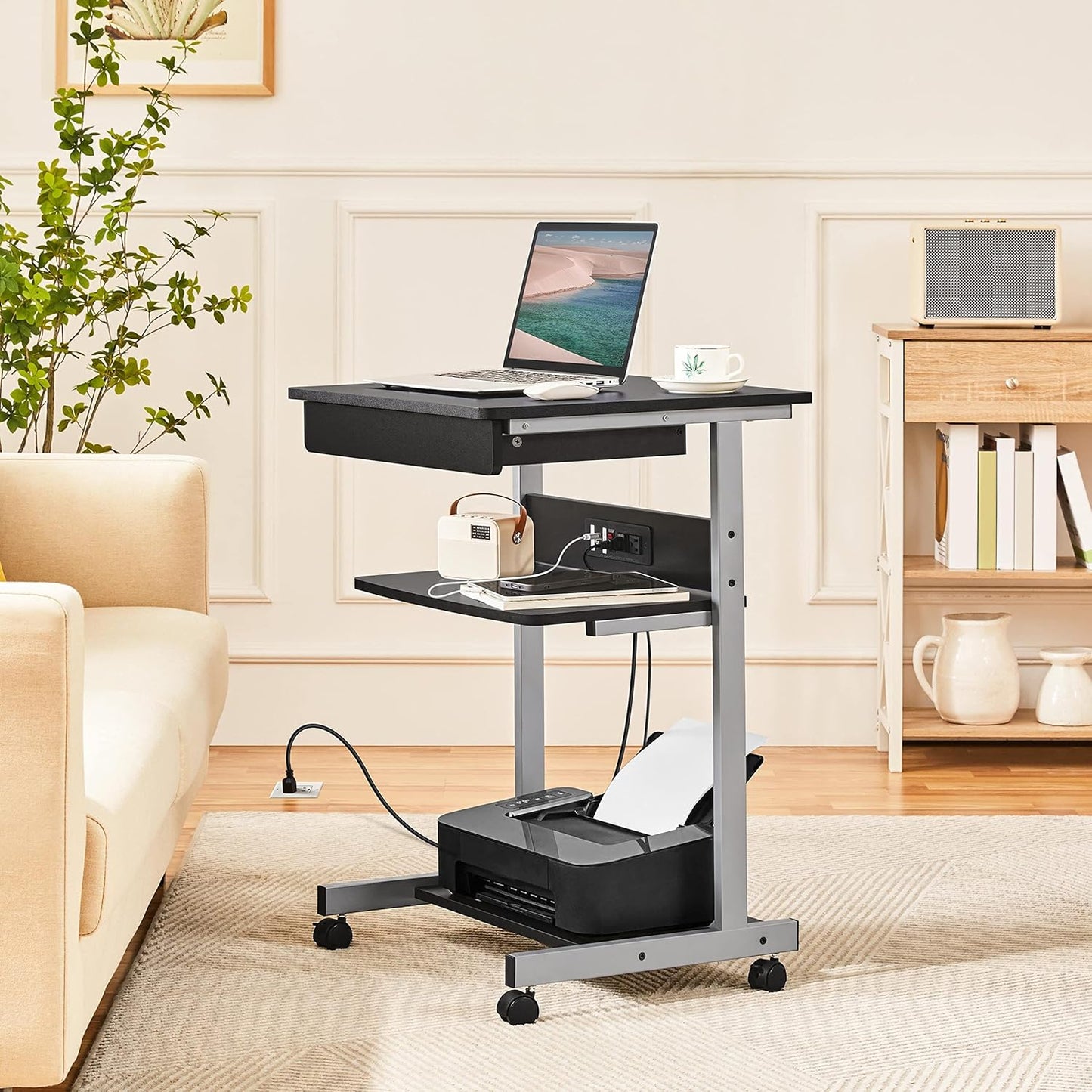 22 in Laptop Computer Table Home Office Desk with Power Outlet for Small Space, Mobile Compact Corner Workstation with Charging Station and USB Ports on Wheels, Student Writing Table, Black