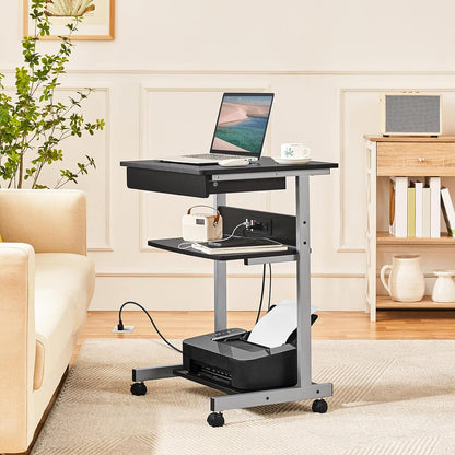 22 in Laptop Computer Table Home Office Desk with Power Outlet for Small Space, Mobile Compact Corner Workstation with Charging Station and USB Ports on Wheels, Student Writing Table, Black